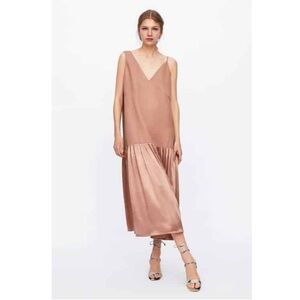 Zara Drop Waist Assymetrical Strap Dress Pleated Size Large Wedding Guest